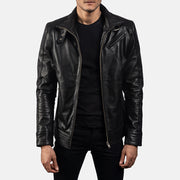 Men's Legacy Musta Nahkainen Biker-takki Miehille in Black Cowhide Leather - Front Profile View &amp; Tailored Silhouette | Buy Online