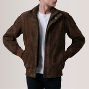Tailored Rib Cuffs &amp; Hem Craftsmanship Construction Detail on Lester Ruskea Suede Nahkainen Pommitakki Miehille For Men