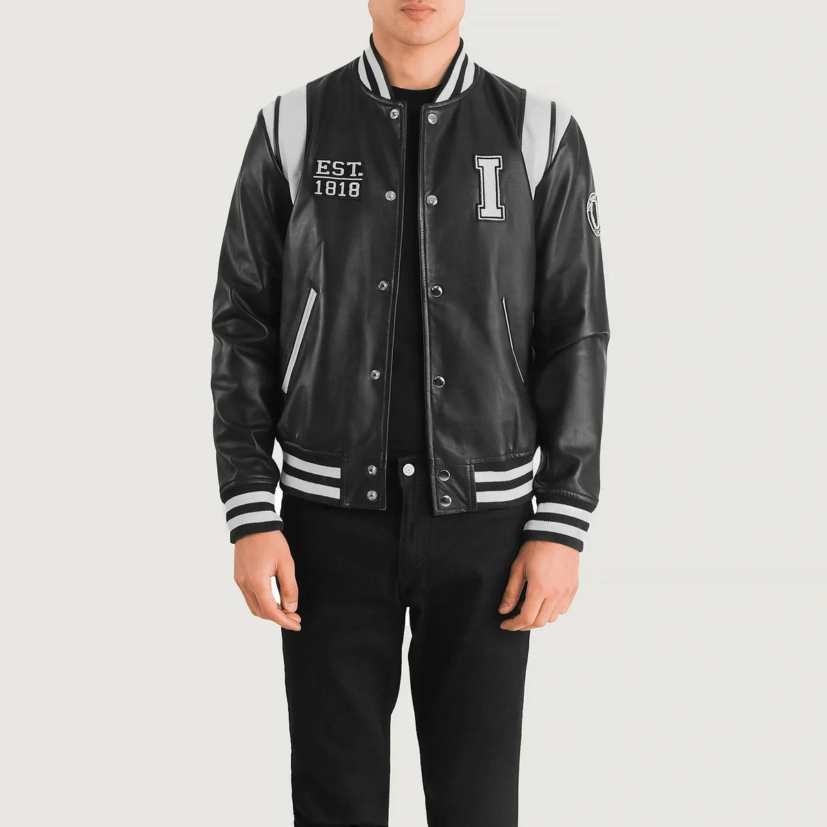 Liberte Illinois Musta Leather Varsity Nahkatakki Miehille in Black &amp; White Sheepskin Leather - Front Profile View &amp; Tailored Silhouette | Buy Online