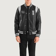 Liberte Illinois Musta Leather Varsity Nahkatakki Miehille in Black &amp; White Sheepskin Leather - Front Profile View &amp; Tailored Silhouette | Buy Online