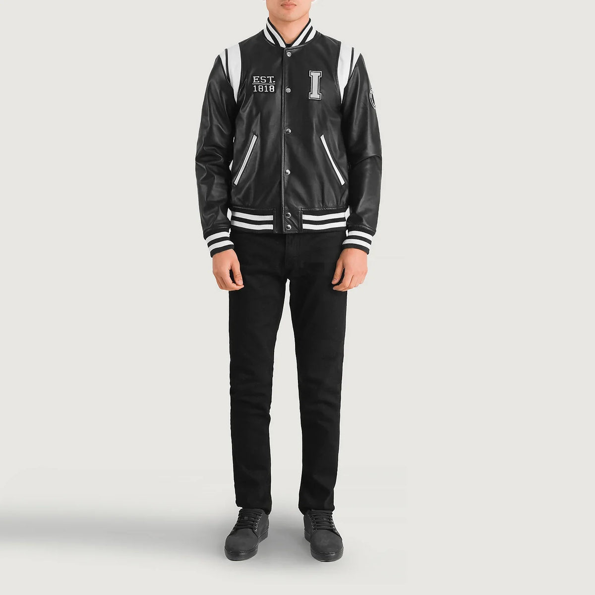 Liberte Illinois Musta Leather Varsity Nahkatakki Miehille - Lateral Side Profile View Showing Sleeve Cut &amp; Athletic Taper Fit