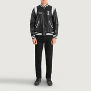 Liberte Illinois Musta Leather Varsity Nahkatakki Miehille - Lateral Side Profile View Showing Sleeve Cut &amp; Athletic Taper Fit