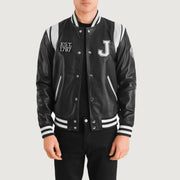 
Liberte New Jersey Musta Leather Varsity Nahkatakki Miehille in Black & White Sheepskin Leather - Edestä ja räätälöity siluetti | Osta verkosta