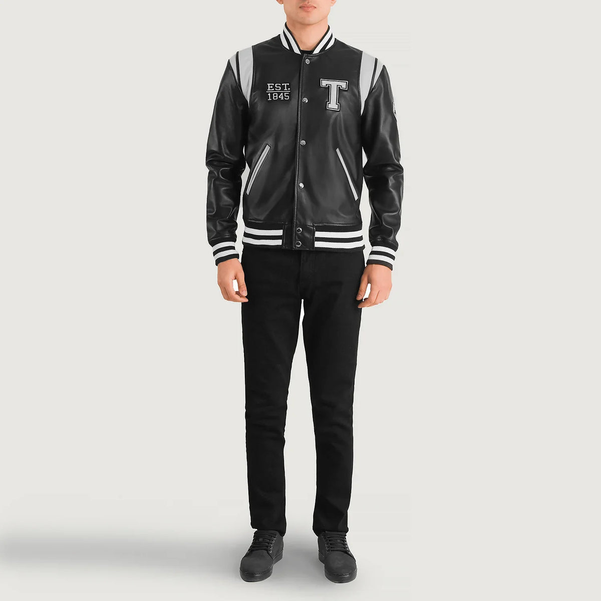Liberte Texas Musta Leather Varsity Nahkatakki Miehille - Lateral Side Profile View Showing Sleeve Cut &amp; Athletic Taper Fit