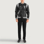 Liberte Texas Musta Leather Varsity Nahkatakki Miehille - Lateral Side Profile View Showing Sleeve Cut &amp; Athletic Taper Fit