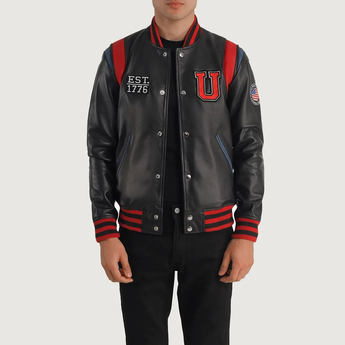 
Liberte USA Black Leather Varsity Jacket in Black Sheepskin Leather - Edestä ja räätälöity siluetti | Osta verkosta
