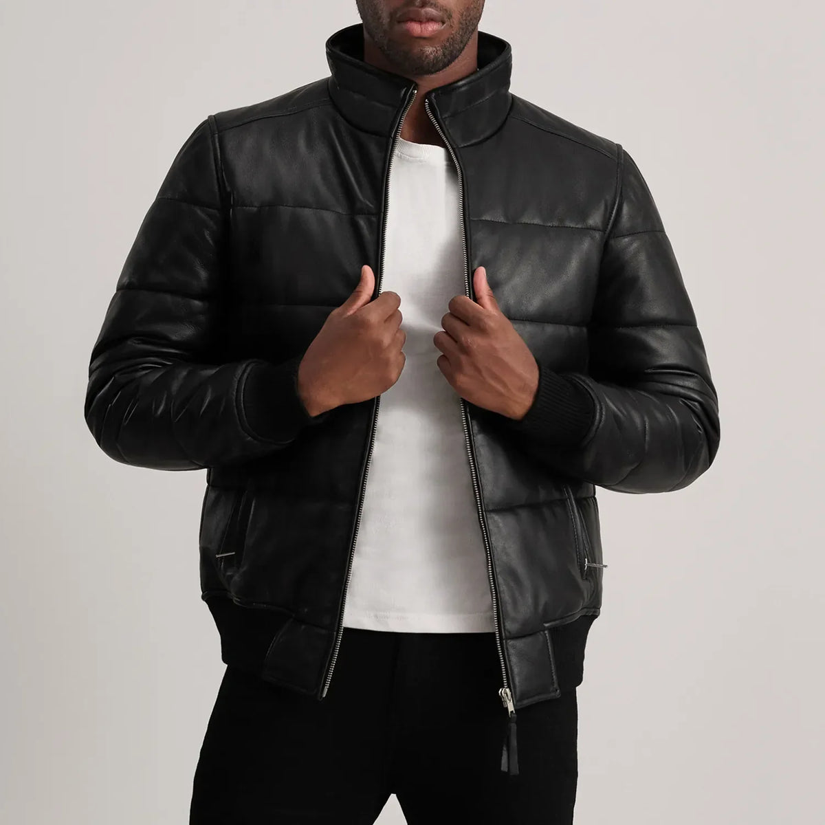 Lucas Blue Leather Puffer Bomber Jacket in Blue Sheepskin Leather - Front Profile View &amp; Tailored Silhouette | Buy Online