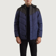 
Luka Musta & Sininen Hooded Puffer Nahkatakki Miehille in Black & Blue Full-Grain Leather - Edestä ja räätälöity siluetti | Osta verkosta