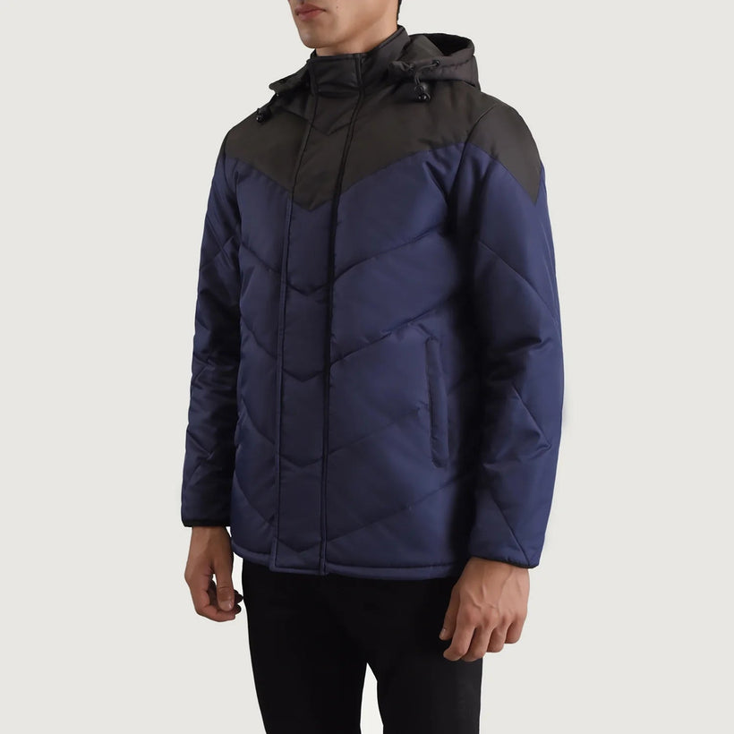 Luka Musta & Sininen Hooded Puffer Nahkatakki Miehille