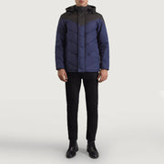 
Luka Musta & Sininen Hooded Puffer Nahkatakki Miehille - Sivuprofiili ergonomisella hihanleikkauksella