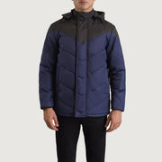 
Yksityiskohtainen lähikuva of Classic Collar & Zipper With Velcro Placket Hardware on Luka Musta & Sininen Hooded Puffer Nahkatakki Miehille