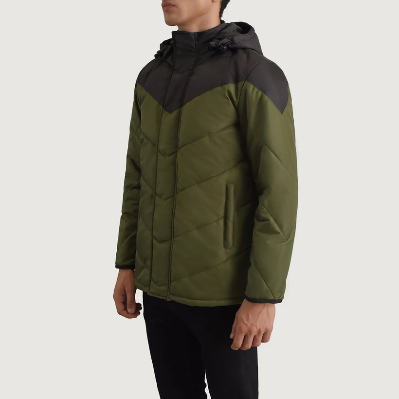Luka Musta & Vihreä Hooded Puffer Nahkatakki Miehille