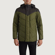 
Yksityiskohtainen lähikuva of Classic Collar & Zipper With Velcro Placket Hardware on Luka Musta & Vihreä Hooded Puffer Nahkatakki Miehille