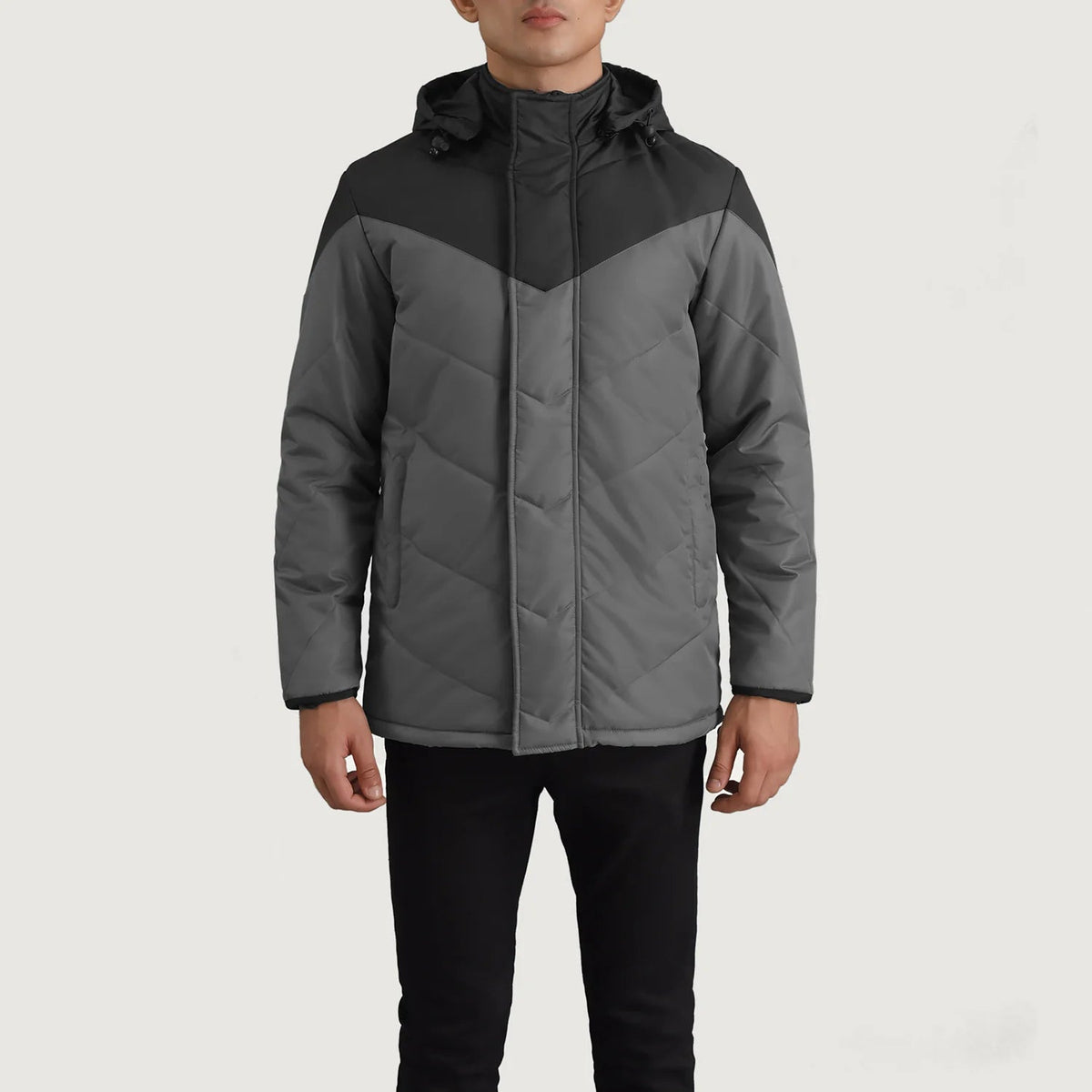 
Yksityiskohtainen lähikuva of Classic Collar & Zipper With Velcro Placket Hardware on Luka Musta & Grey Hooded Puffer Nahkatakki Miehille