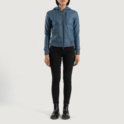 
Luna Blue Hooded Leather Bomber Jacket - Sivuprofiili ergonomisella hihanleikkauksella