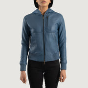 
Yksityiskohtainen lähikuva of Hooded & Zipper Hardware on Luna Blue Hooded Leather Bomber Jacket