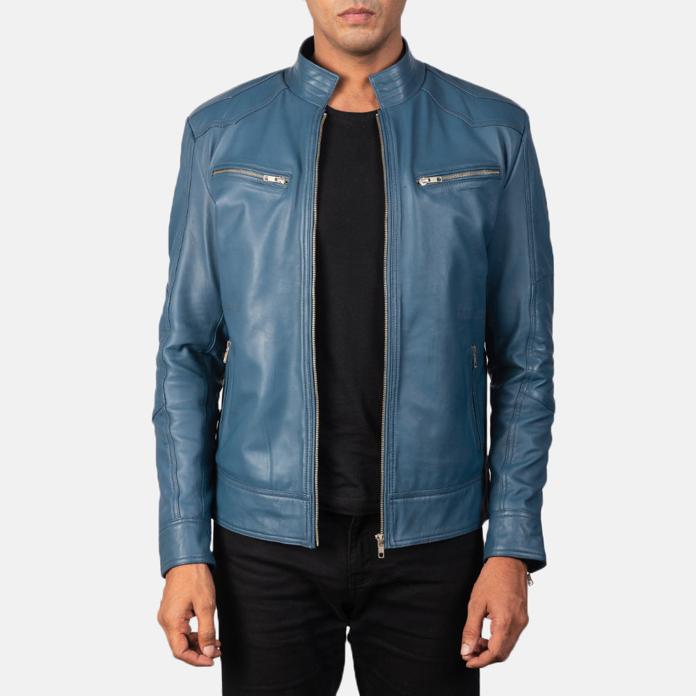 Mack Blue Nahkainen Biker-takki Miehille in Blue Sheepskin Leather - Front Profile View &amp; Tailored Silhouette | Buy Online