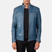 Mack Blue Nahkainen Biker-takki Miehille in Blue Sheepskin Leather - Front Profile View &amp; Tailored Silhouette | Buy Online