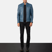 Mack Blue Nahkainen Biker-takki Miehille - Lateral Side Profile View Showing Sleeve Cut &amp; Athletic Taper Fit