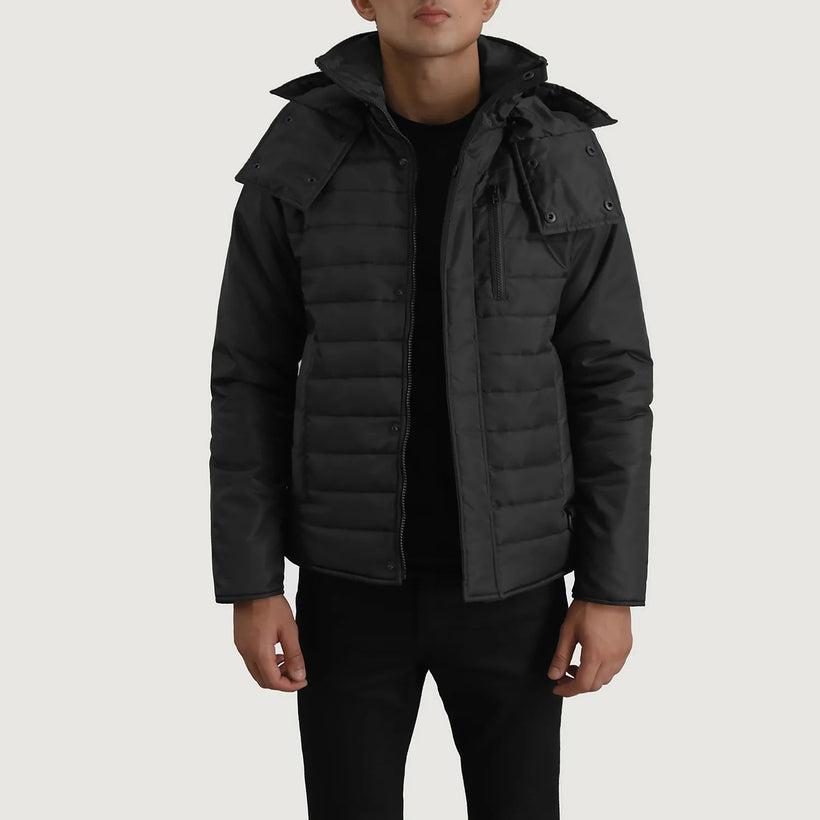 Malcolm Musta Hooded Puffer Nahkatakki Miehille