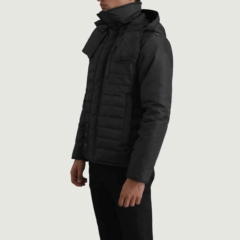 Malcolm Musta Hooded Puffer Nahkatakki Miehille