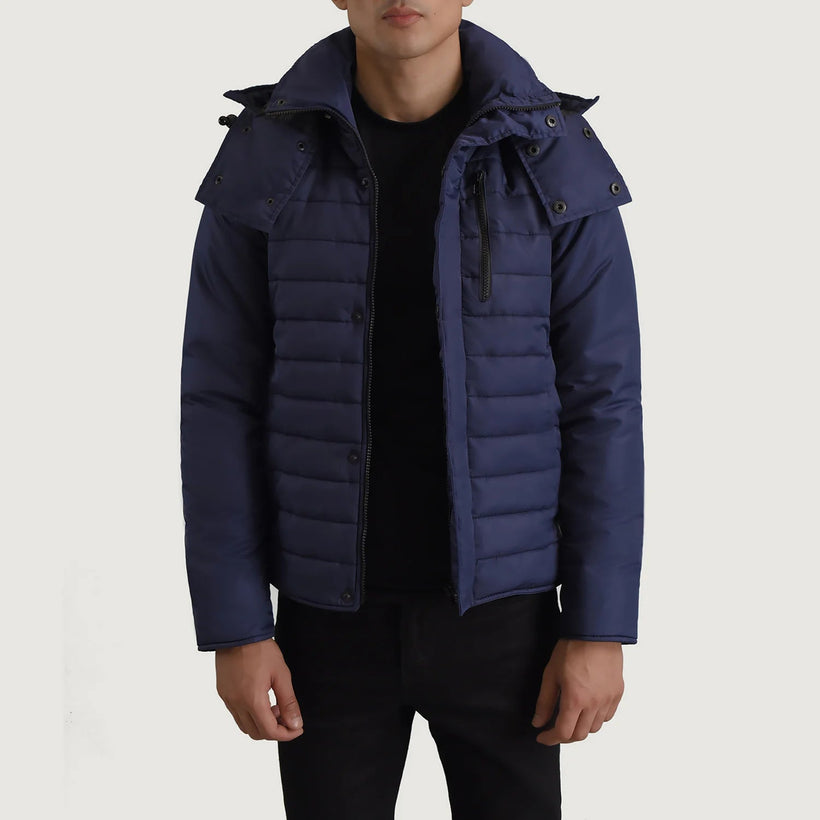 Malcolm Sininen Hooded Puffer Nahkatakki Miehille
