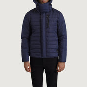 
Yksityiskohtainen lähikuva of Classic Collar & Zipper With Placket Hardware on Malcolm Sininen Hooded Puffer Nahkatakki Miehille