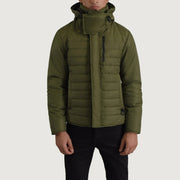 
Malcolm Vihreä Hooded Puffer Nahkatakki Miehille - Sivuprofiili ergonomisella hihanleikkauksella