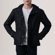 Marlo Musta Canvas Hooded Work Nahkatakki Miehille For Men in Black Waxed Cotton Canvas - Front Profile View &amp; Tailored Silhouette | Buy Online