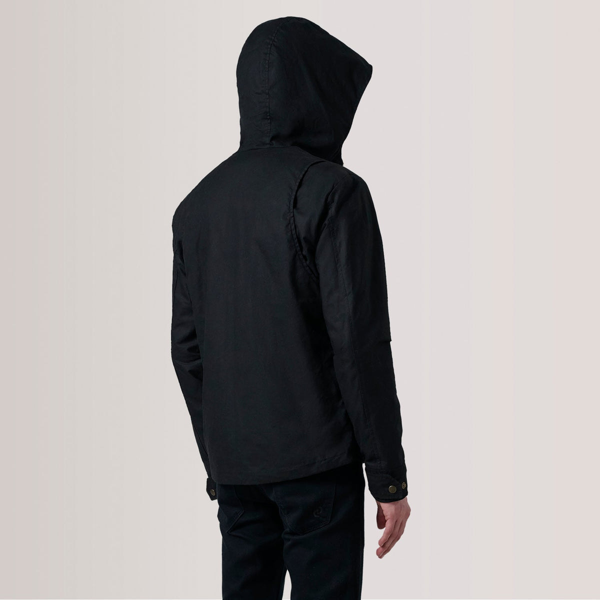 Close-Up Detail of Hooded &amp; Zipper with placket Hardware on Marlo Musta Canvas Hooded Work Nahkatakki Miehille For Men