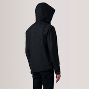 Close-Up Detail of Hooded &amp; Zipper with placket Hardware on Marlo Musta Canvas Hooded Work Nahkatakki Miehille For Men