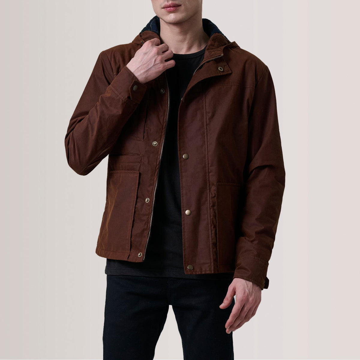 Marlo Ruskea Canvas Hooded Work Nahkatakki Miehille For Men in Brown Waxed Cotton Canvas - Front Profile View &amp; Tailored Silhouette | Buy Online