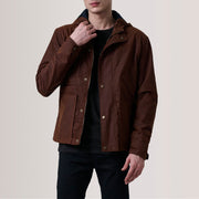 Marlo Ruskea Canvas Hooded Work Nahkatakki Miehille For Men in Brown Waxed Cotton Canvas - Front Profile View &amp; Tailored Silhouette | Buy Online