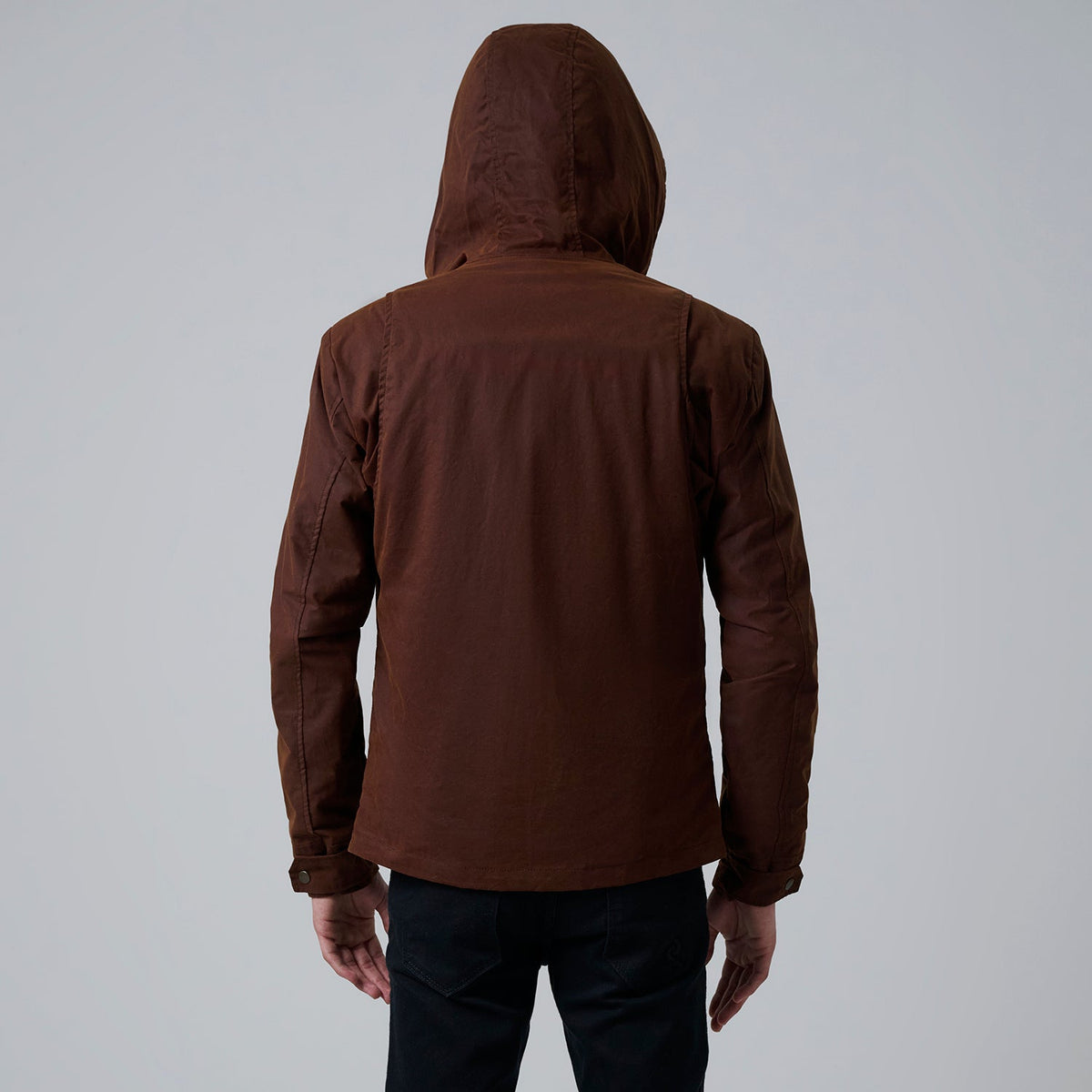 Close-Up Detail of Hooded &amp; Zipper with placket Hardware on Marlo Ruskea Canvas Hooded Work Nahkatakki Miehille For Men