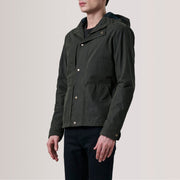Marlo Olive Canvas Hooded Work Nahkatakki Miehille For Men - Lateral Side Profile View Showing Sleeve Cut &amp; Athletic Taper Fit