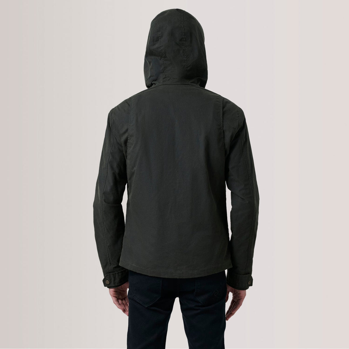 Close-Up Detail of Hooded &amp; Zipper with placket Hardware on Marlo Olive Canvas Hooded Work Nahkatakki Miehille For Men