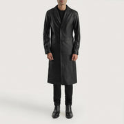 
Mateo Black Leather Single Breasted Coat - Sivuprofiili ergonomisella hihanleikkauksella