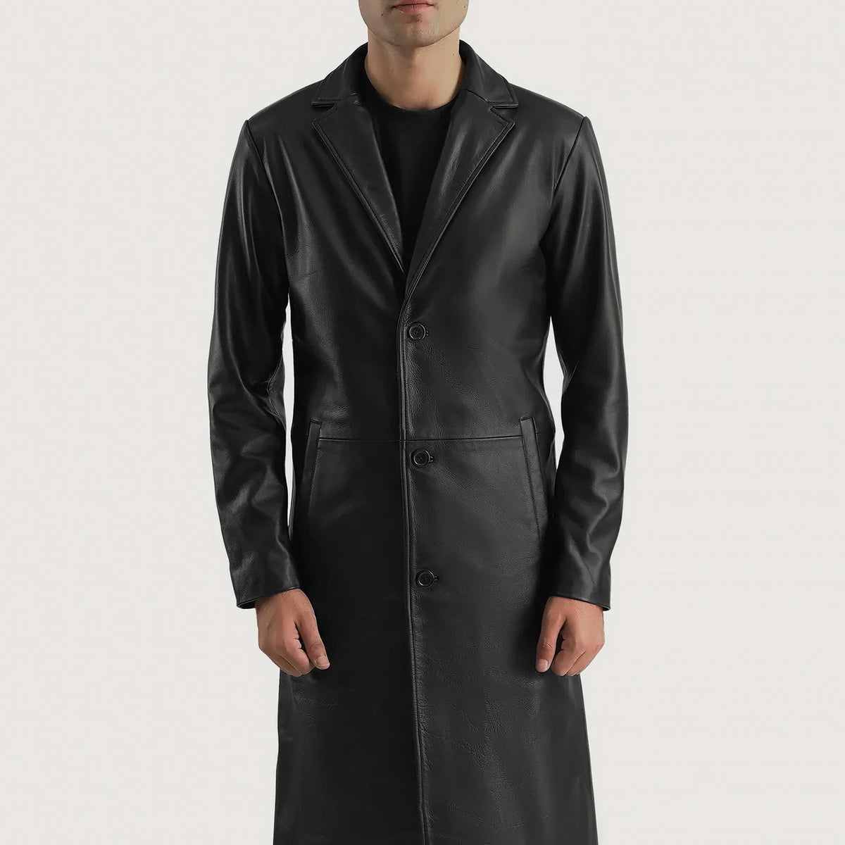 
Yksityiskohtainen lähikuva of Notch & Button Hardware on Mateo Black Leather Single Breasted Coat
