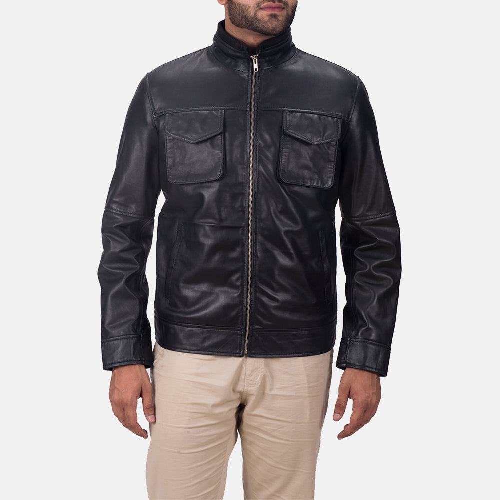 Maurice Musta Nahkatakki Miehille in Black Sheepskin Leather - Front Profile View &amp; Tailored Silhouette | Buy Online