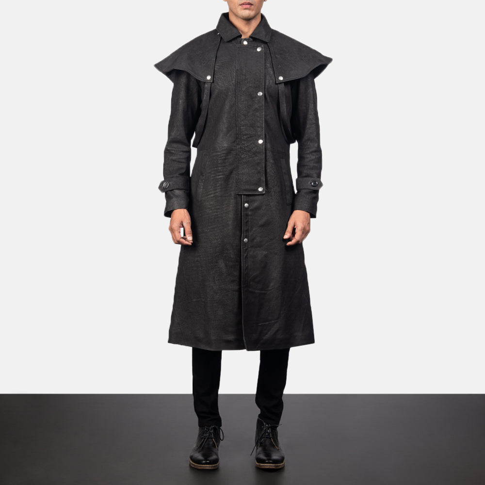 
Maverick Musta Leather Duster Miehille in Distressed Black Sheepskin Snuffed - Edestä ja räätälöity siluetti | Osta verkosta