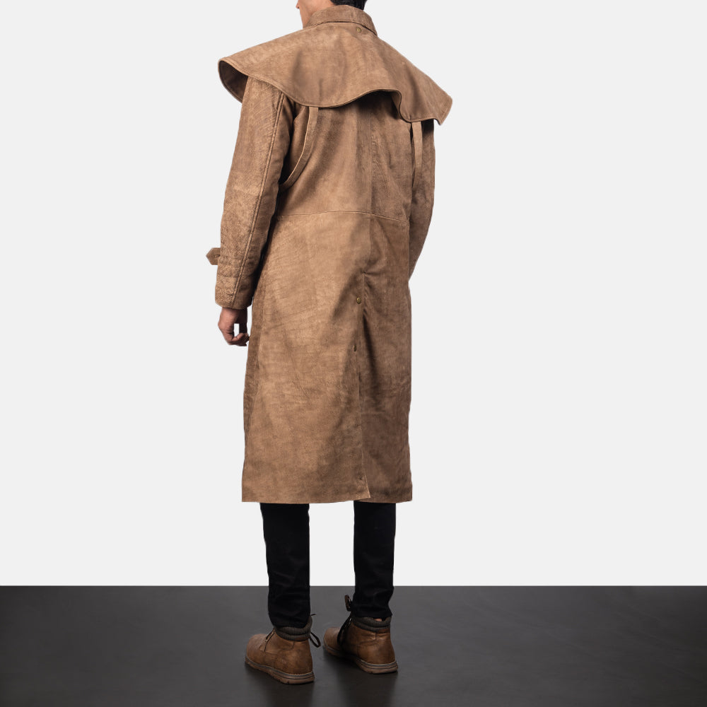 Men's Maverick Ruskea Leather Duster Miehille - Lateral Side Profile View Showing Sleeve Cut &amp; Athletic Taper Fit