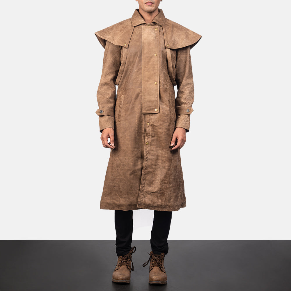 Close-Up Detail of Shirt &amp; Heavy-Duty Zipper Hardware on Men's Maverick Ruskea Leather Duster Miehille
