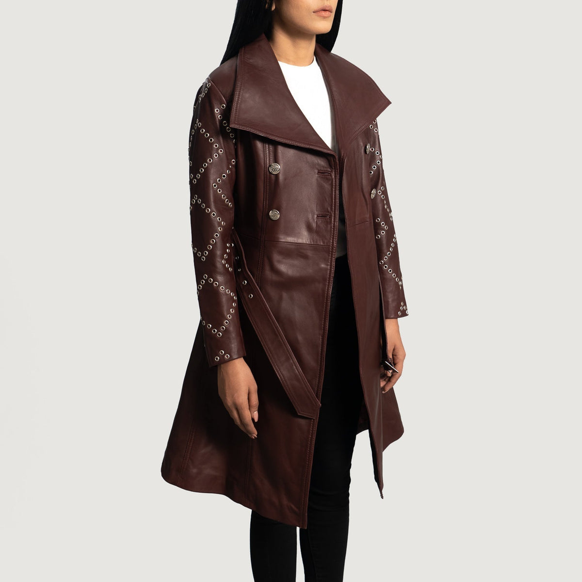 Women's Missoni Maroon Nahkainen Trenssitakki Naisille - Lateral Side Profile View Showing Sleeve Cut &amp; Athletic Taper Fit