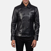 Mod Musta Leather Peacoat Miehille in Black Cowhide Leather - Front Profile View &amp; Tailored Silhouette | Buy Online