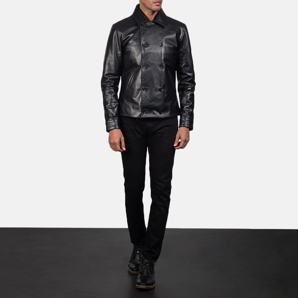 Mod Musta Leather Peacoat Miehille - Lateral Side Profile View Showing Sleeve Cut &amp; Athletic Taper Fit