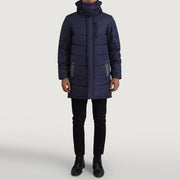 
Moore Sininen Hooded Parka Miehille - Sivuprofiili ergonomisella hihanleikkauksella