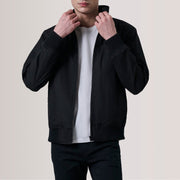 Morrison Musta Canvas Nahkainen Pommitakki Miehille For Men in Black Waxed Cotton Canvas - Front Profile View &amp; Tailored Silhouette | Buy Online