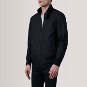 Morrison Musta Canvas Nahkainen Pommitakki Miehille For Men - Lateral Side Profile View Showing Sleeve Cut &amp; Athletic Taper Fit