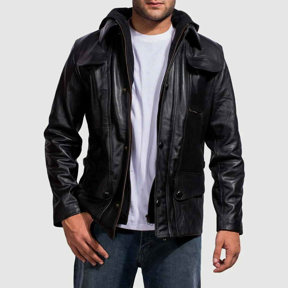 Men's Moulder Hooded Musta Nahkatakki Miehille in Black Cowhide Leather - Front Profile View &amp; Tailored Silhouette | Buy Online