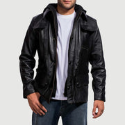 Men's Moulder Hooded Musta Nahkatakki Miehille in Black Cowhide Leather - Front Profile View &amp; Tailored Silhouette | Buy Online